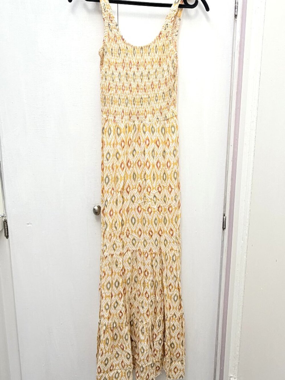 Bailey Blue Yellow Ikat Smocked Tie Strap Tiered Maxi Dress M